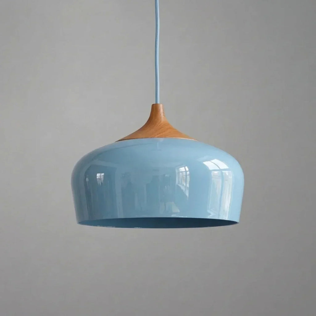 Geometric Ceiling Pendant — Formed Metal Shade, Wooden Accent Detail