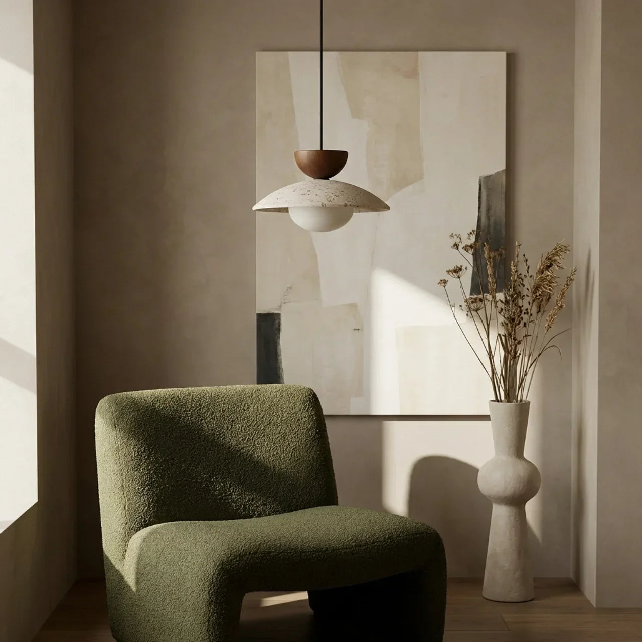 Travertine Shade, Glass Diffuser, Wood Accent Pendant Light