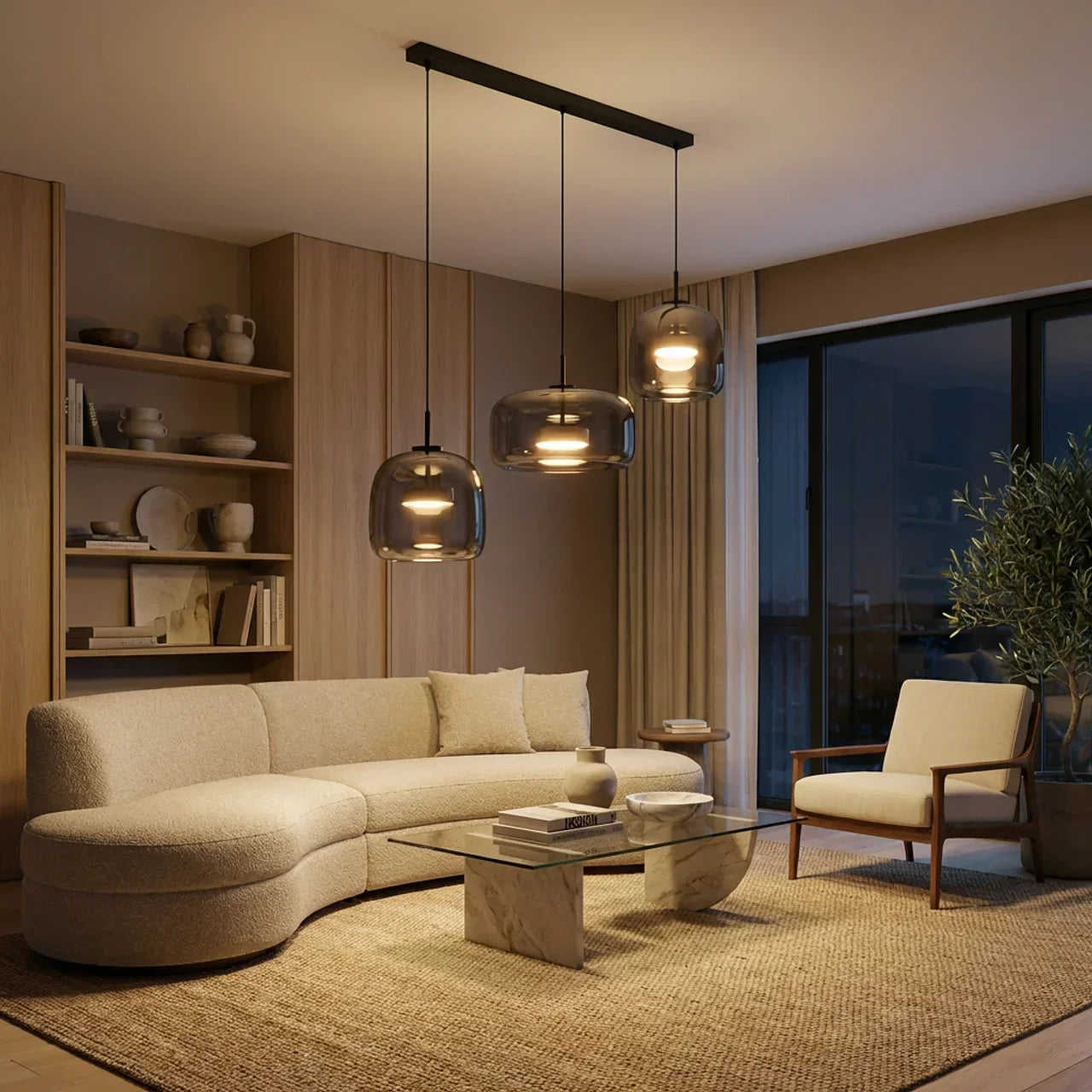Multi-Pendant Smoked Glass Ceiling Fixture — Integrated LED