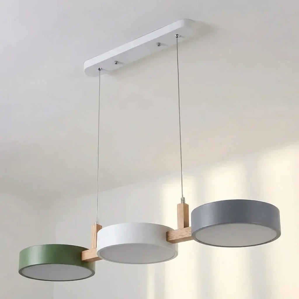 Linear Solid Wood Beam Pendant — Staggered Metal Drum Shade Cluster