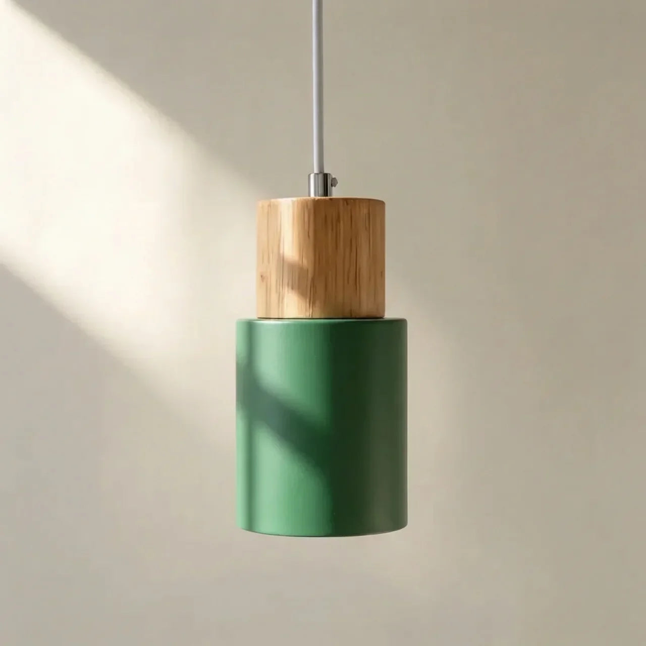 Aluminium Cylinder Pendant Lamp — Wood Detail Fixture, Adjustable Cord