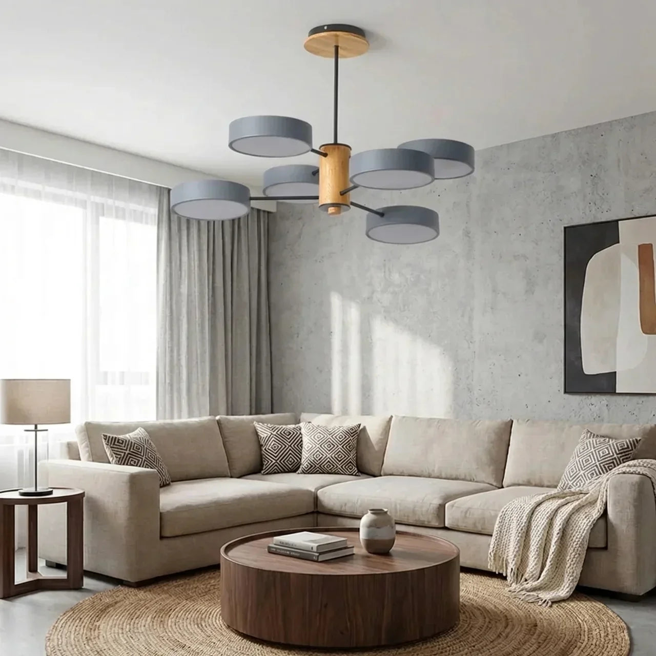 Multi-Arm LED Ceiling Lamp — Metal Frame and Wood Centerpiece