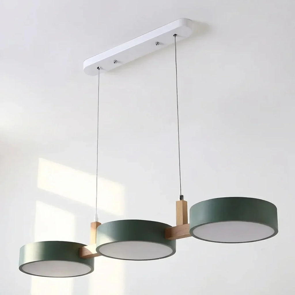 Linear Solid Wood Beam Pendant — Staggered Metal Drum Shade Cluster