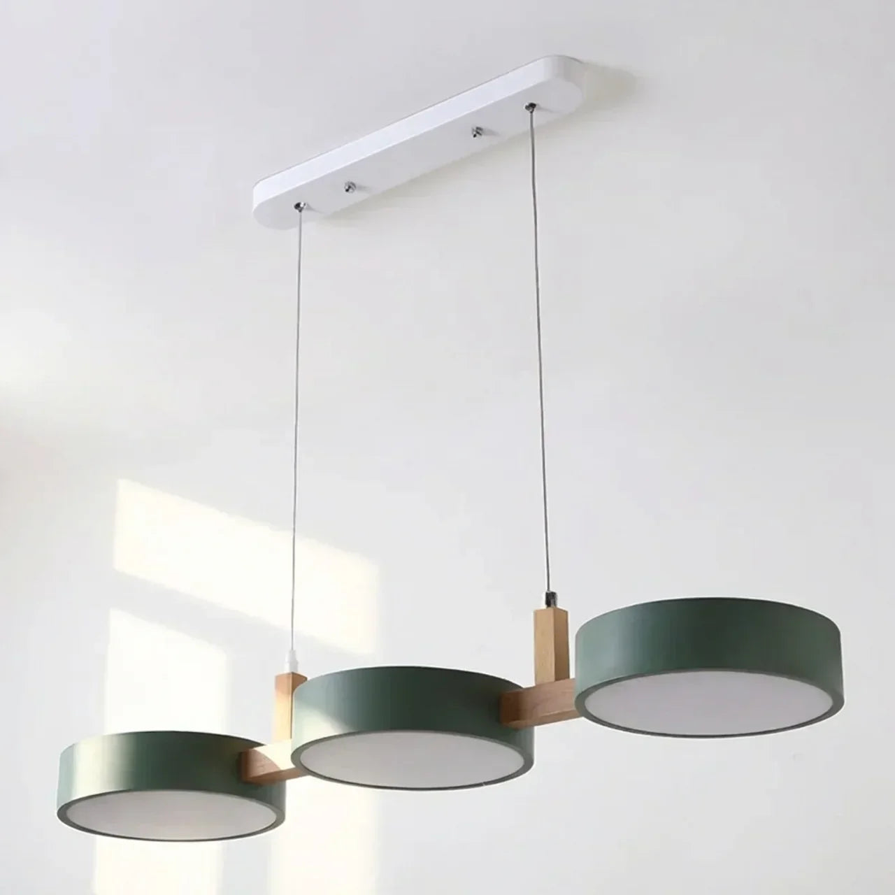 Linear Solid Wood Beam Pendant — Staggered Metal Drum Shade Cluster
