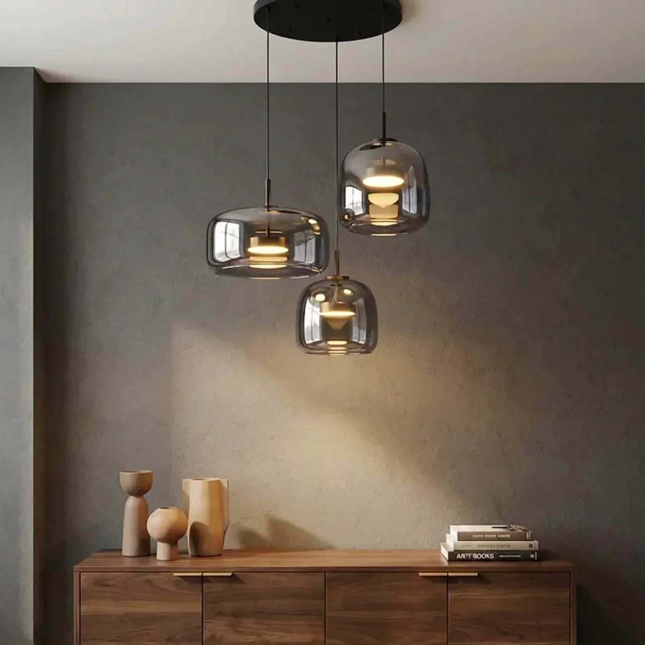 Multi-Pendant Smoked Glass Ceiling Fixture — Integrated LED