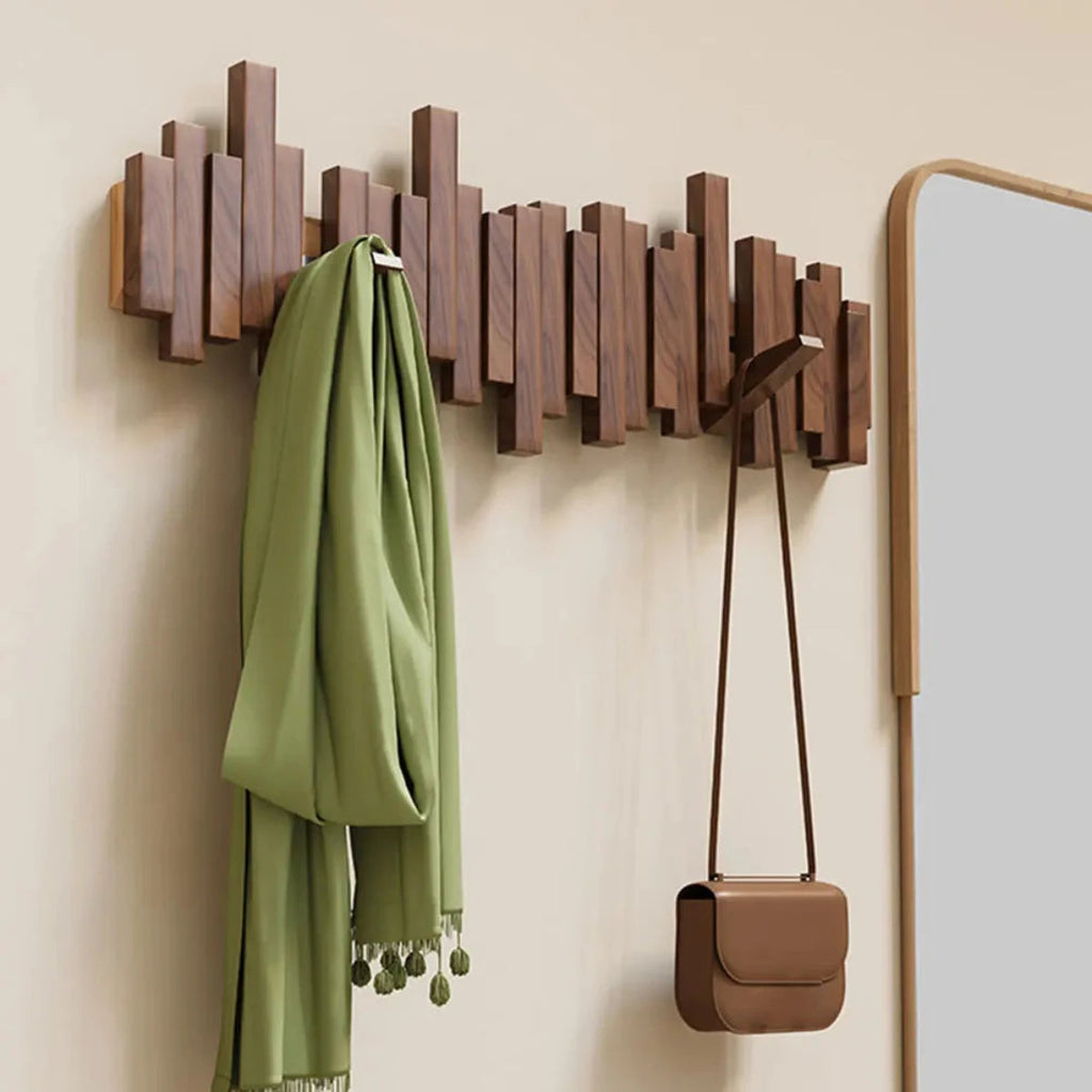 Cuier de perete în formă de pian – nuc sau fag masiv, cârlige pliabile