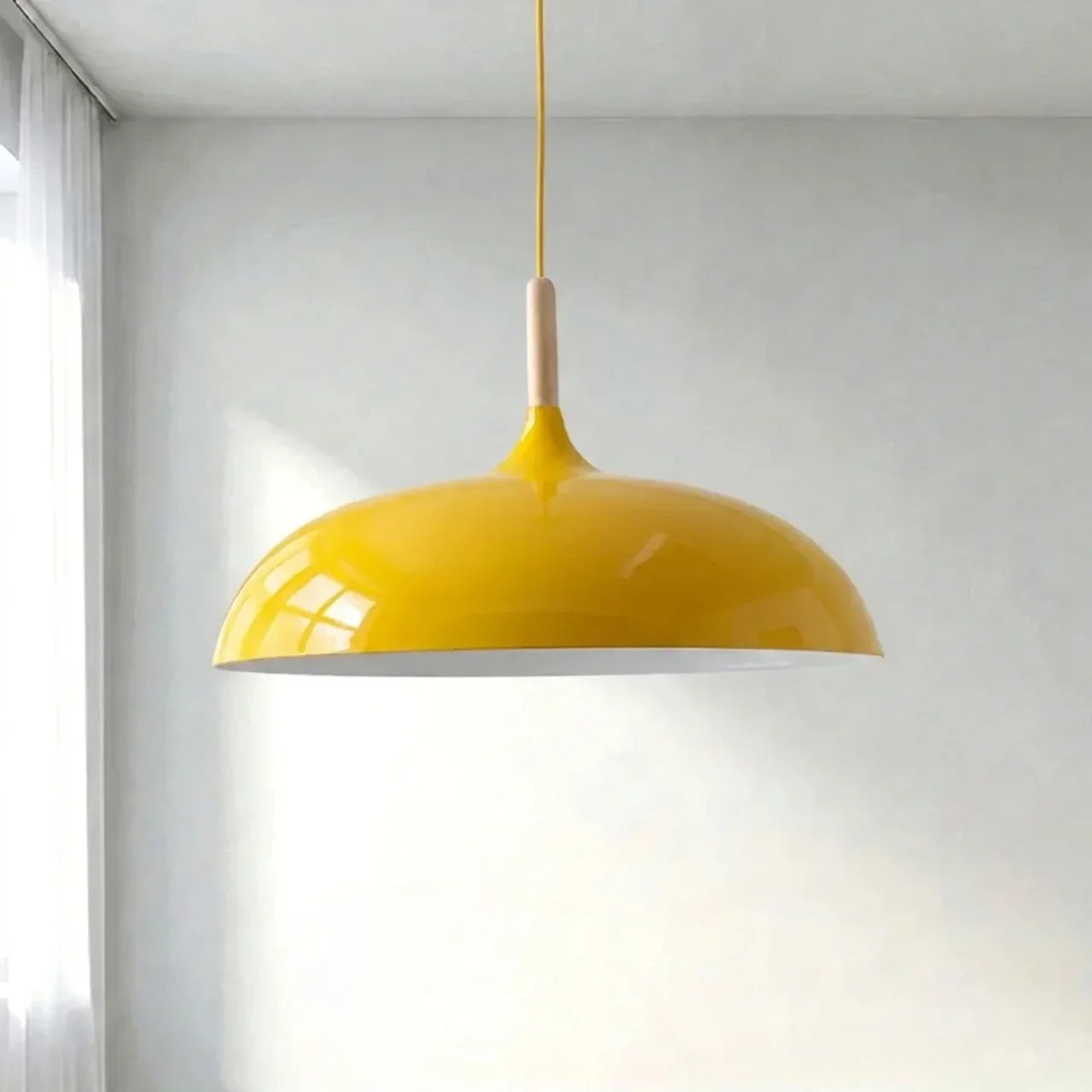 Geometric Ceiling Pendant — Formed Metal Shade, Wooden Accent Detail