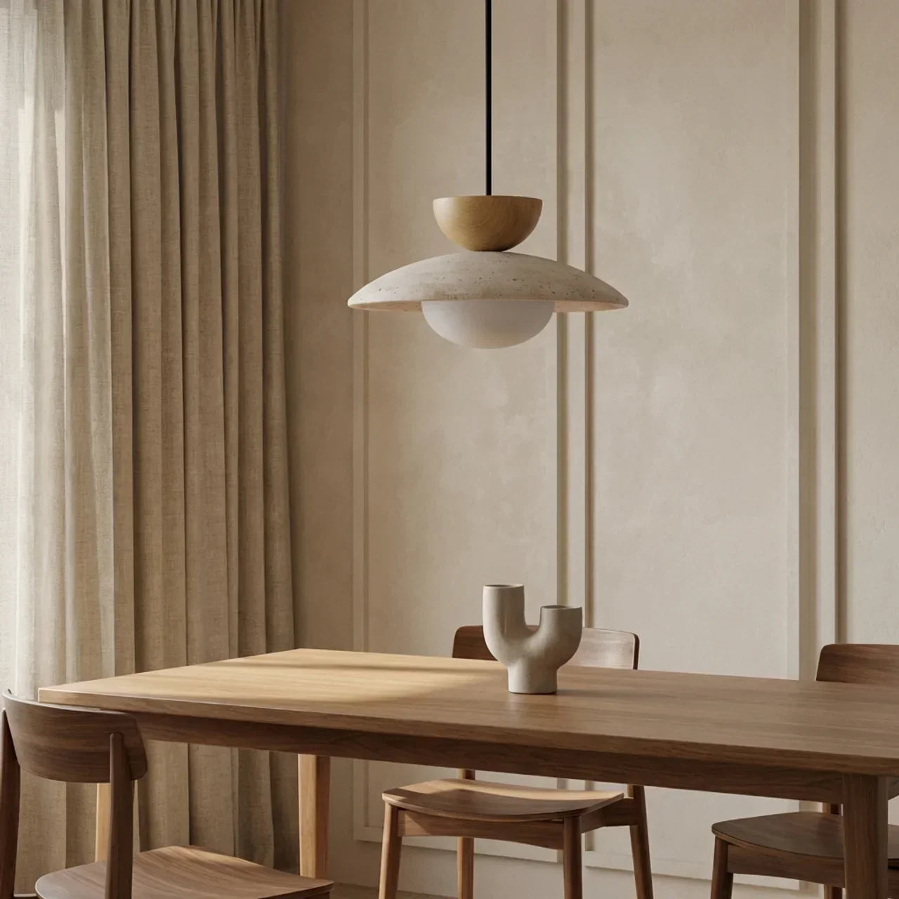 Travertine Shade, Glass Diffuser, Wood Accent Pendant Light
