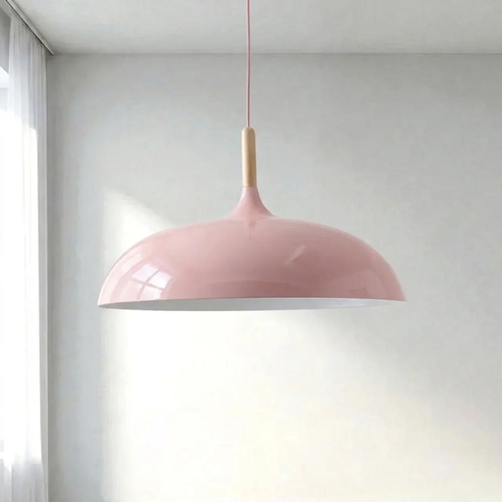 Geometric Ceiling Pendant — Formed Metal Shade, Wooden Accent Detail