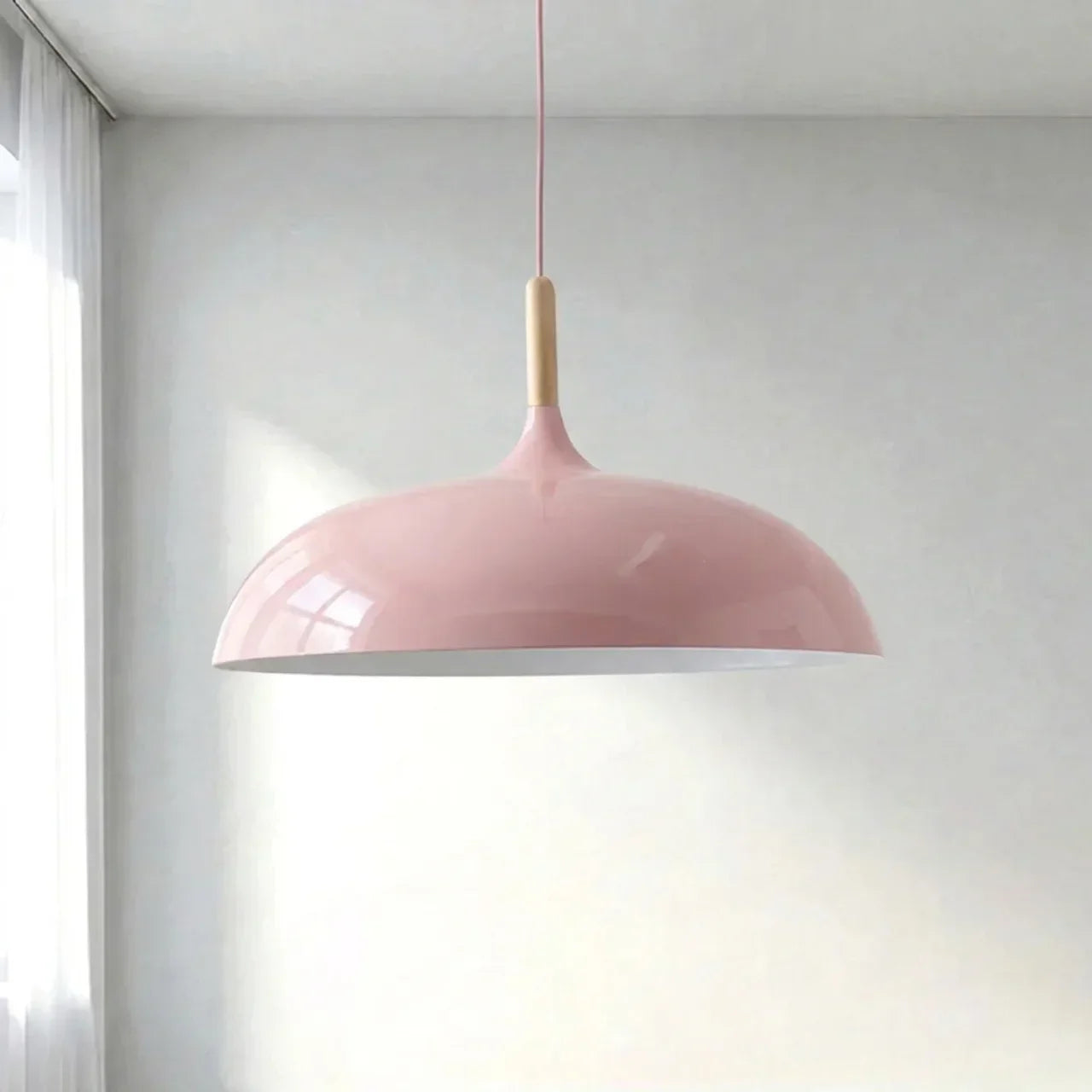 Geometric Ceiling Pendant — Formed Metal Shade, Wooden Accent Detail