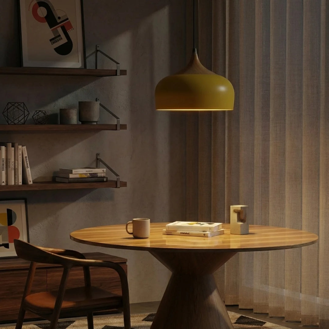 Geometric Ceiling Pendant — Formed Metal Shade, Wooden Accent Detail