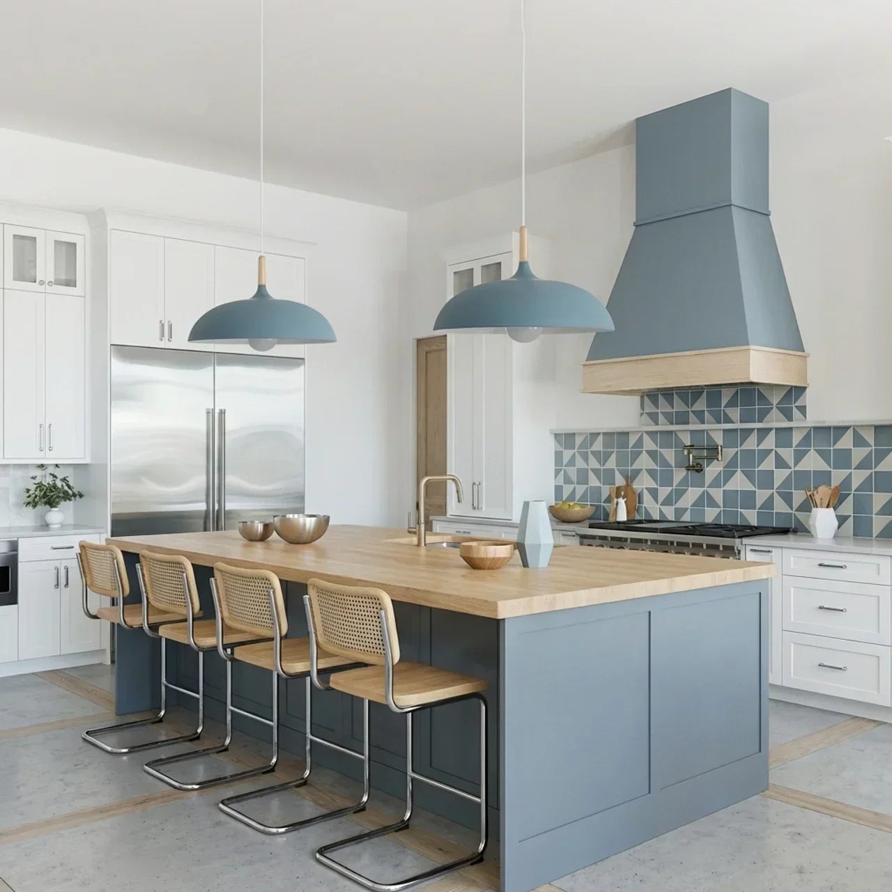 Geometric Ceiling Pendant — Formed Metal Shade, Wooden Accent Detail