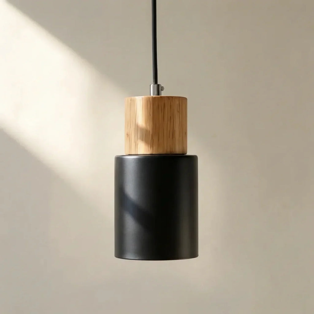 Aluminium Cylinder Pendant Lamp — Wood Detail Fixture, Adjustable Cord