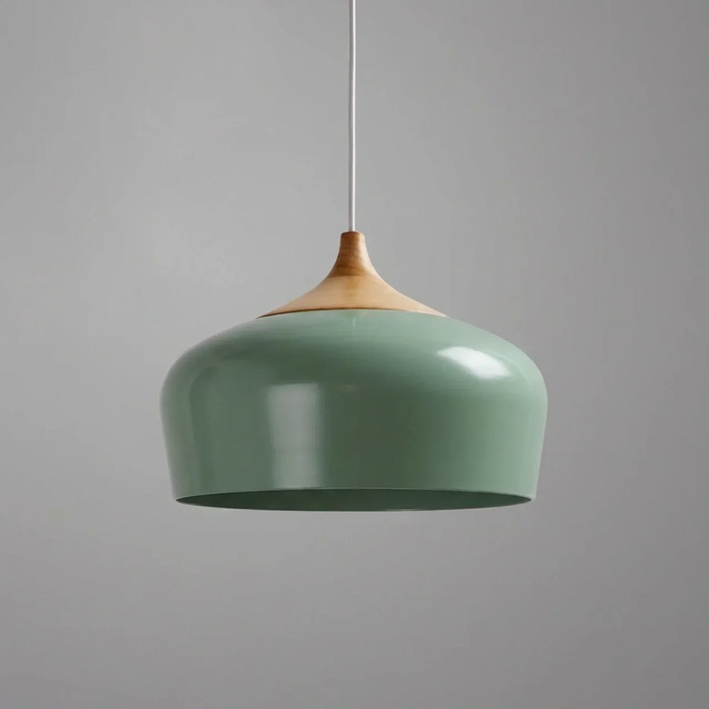 Geometric Ceiling Pendant — Formed Metal Shade, Wooden Accent Detail