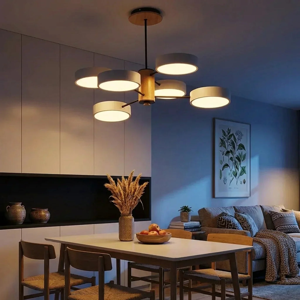 Multi-Arm LED Ceiling Lamp — Metal Frame and Wood Centerpiece