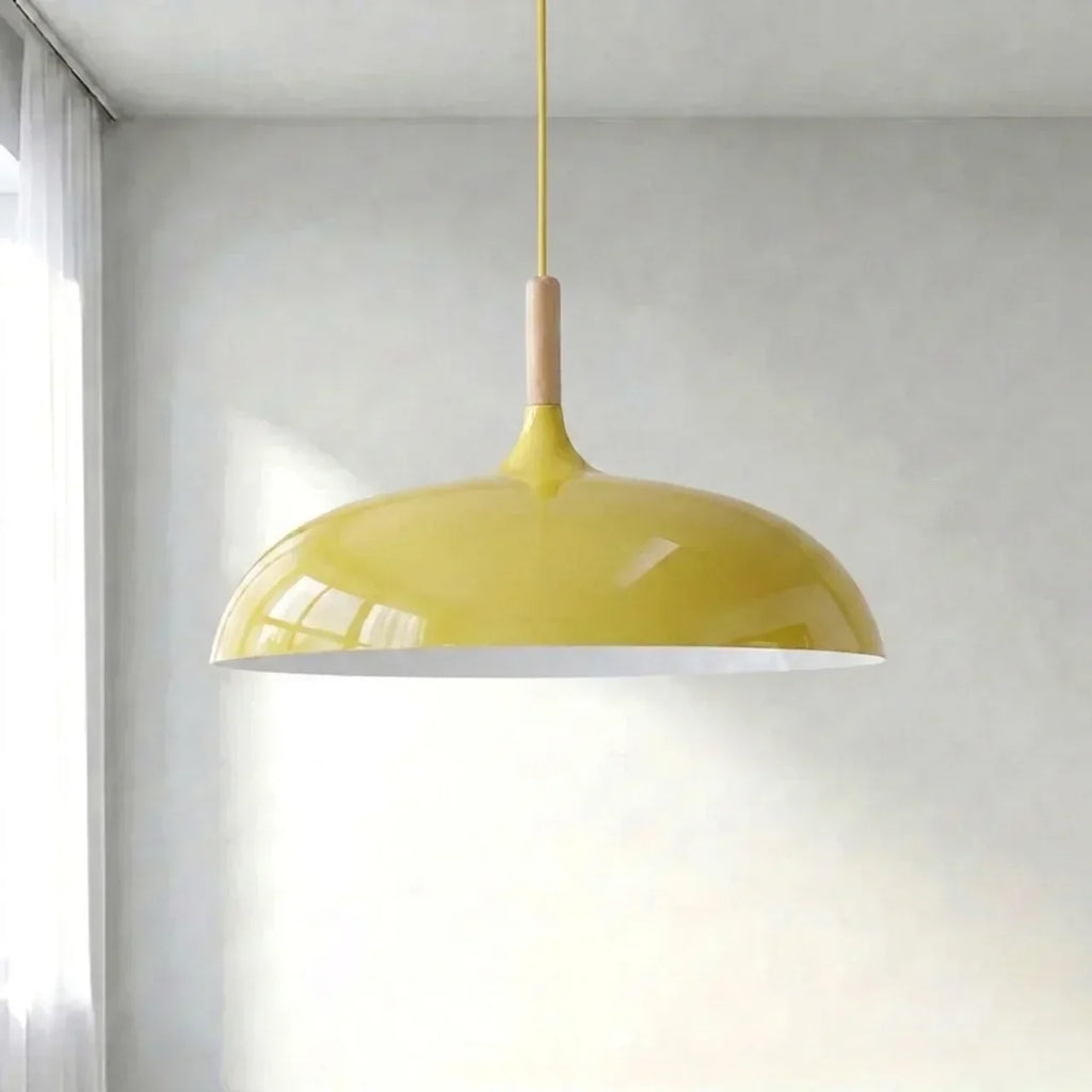 Geometric Ceiling Pendant — Formed Metal Shade, Wooden Accent Detail