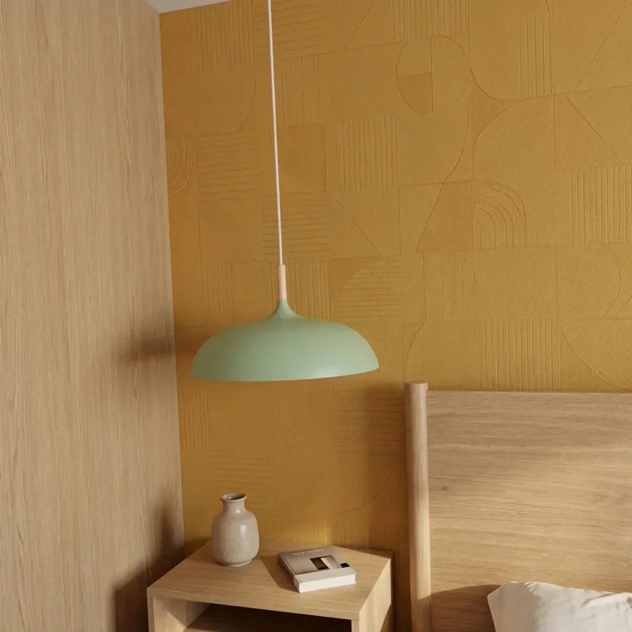 Geometric Ceiling Pendant — Formed Metal Shade, Wooden Accent Detail
