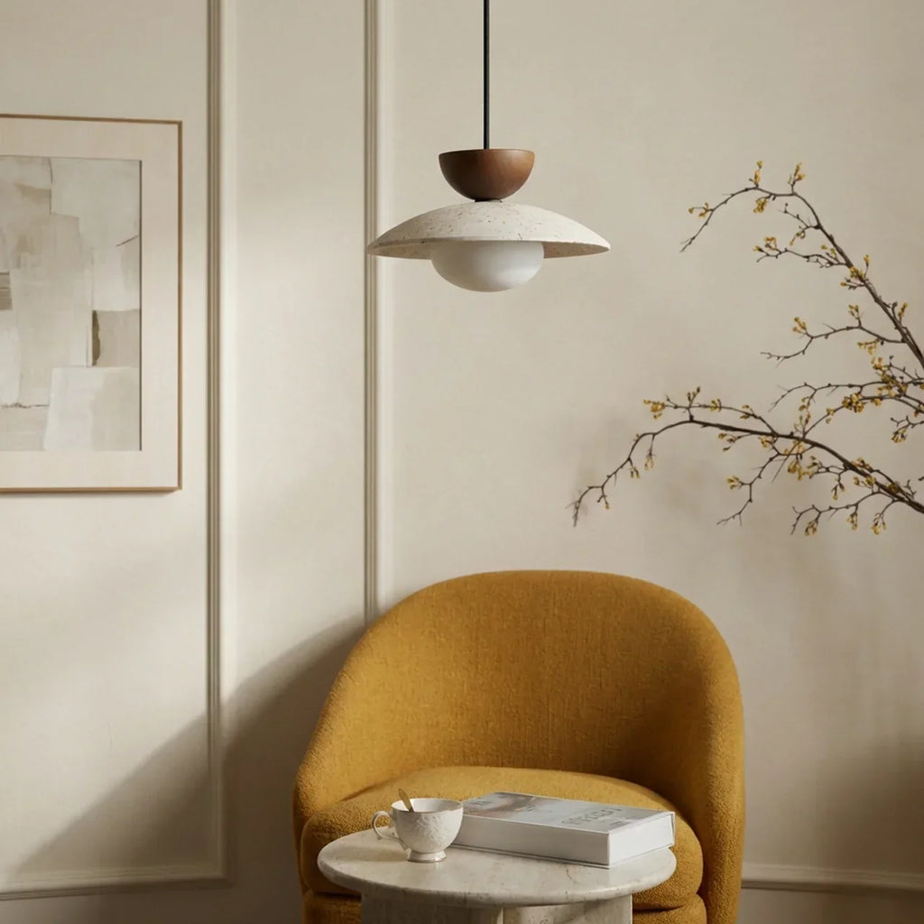 Travertine Shade, Glass Diffuser, Wood Accent Pendant Light