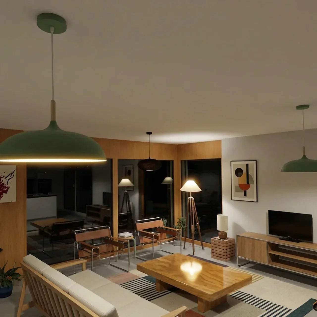 Geometric Ceiling Pendant — Formed Metal Shade, Wooden Accent Detail
