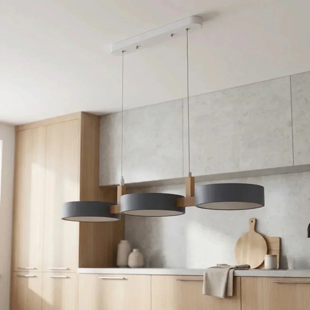 Linear Solid Wood Beam Pendant — Staggered Metal Drum Shade Cluster
