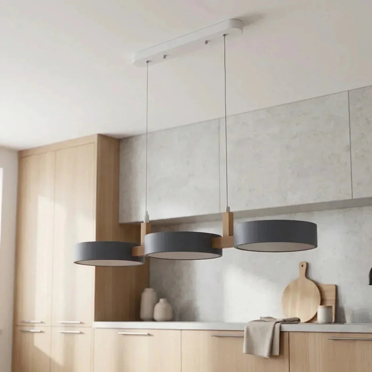 Linear Solid Wood Beam Pendant — Staggered Metal Drum Shade Cluster