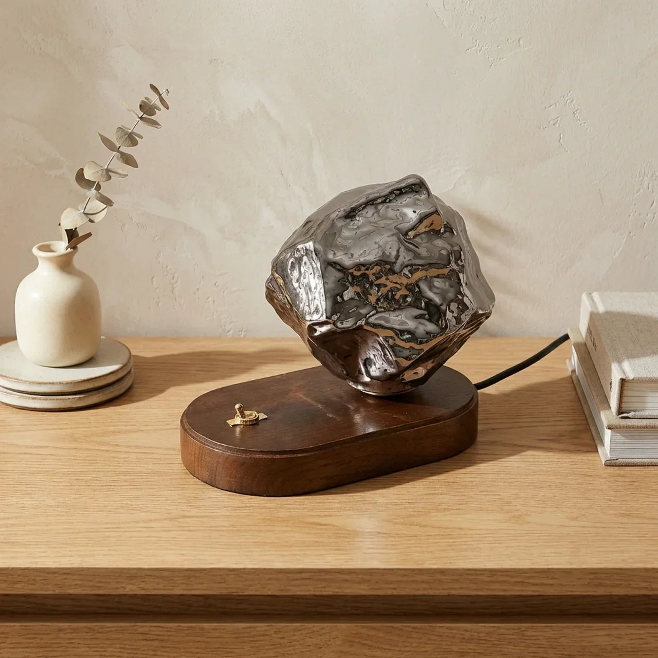 Freestanding Table Lamp — Organic Glass Shade, Solid Wooden Base