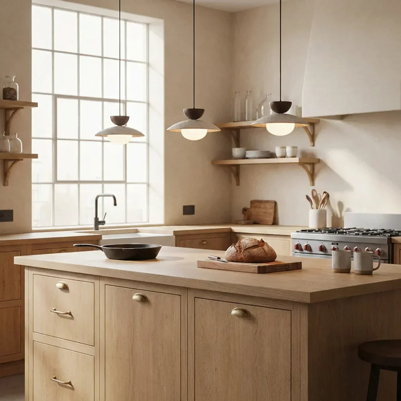 Travertine Shade, Glass Diffuser, Wood Accent Pendant Light