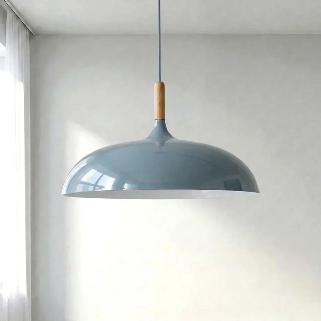 Geometric Ceiling Pendant — Formed Metal Shade, Wooden Accent Detail