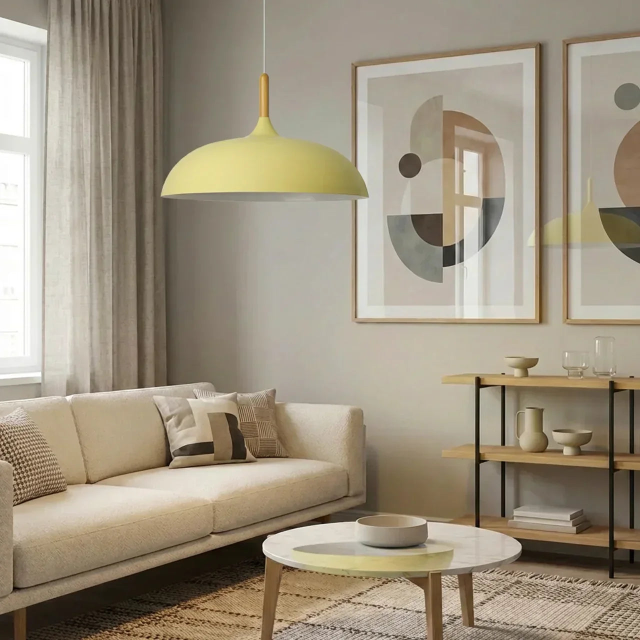Geometric Ceiling Pendant — Formed Metal Shade, Wooden Accent Detail