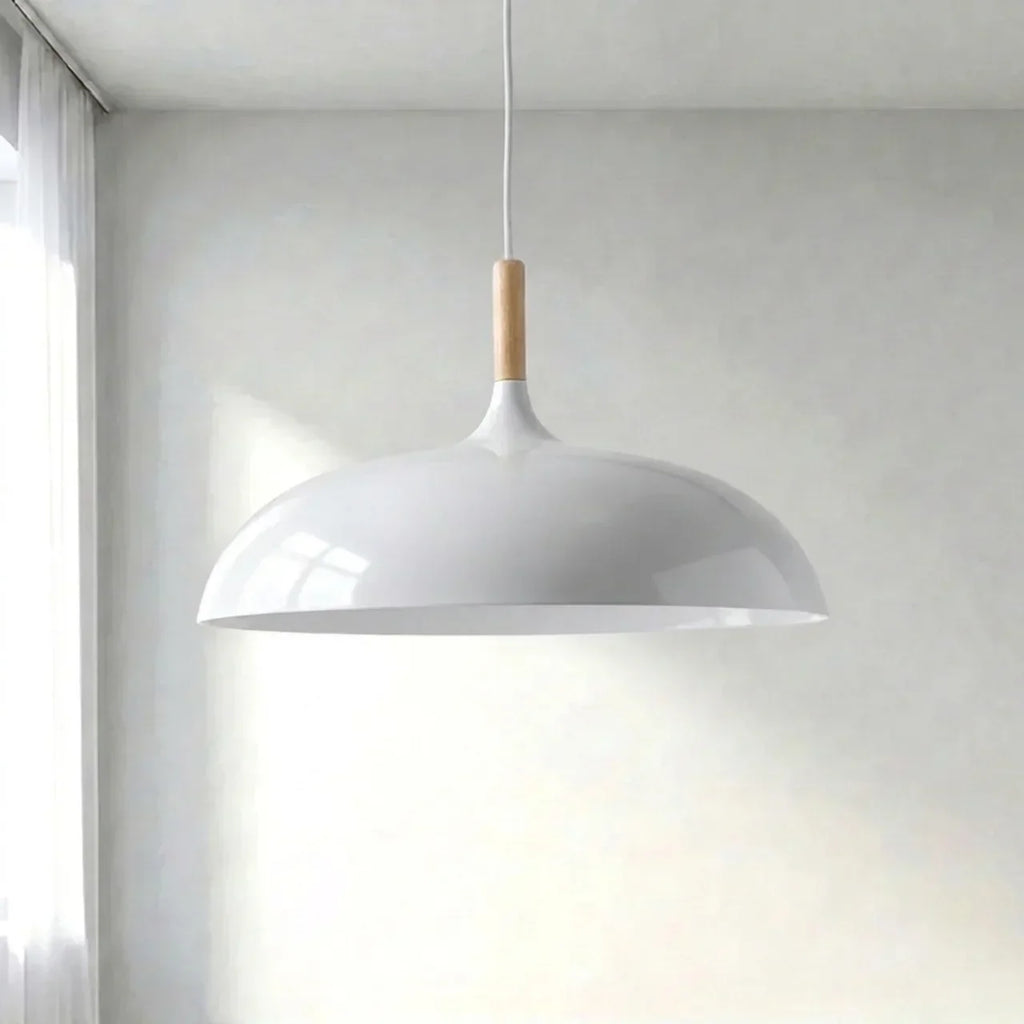 Geometric Ceiling Pendant — Formed Metal Shade, Wooden Accent Detail