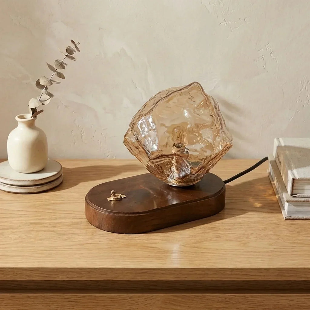 Freestanding Table Lamp — Organic Glass Shade, Solid Wooden Base