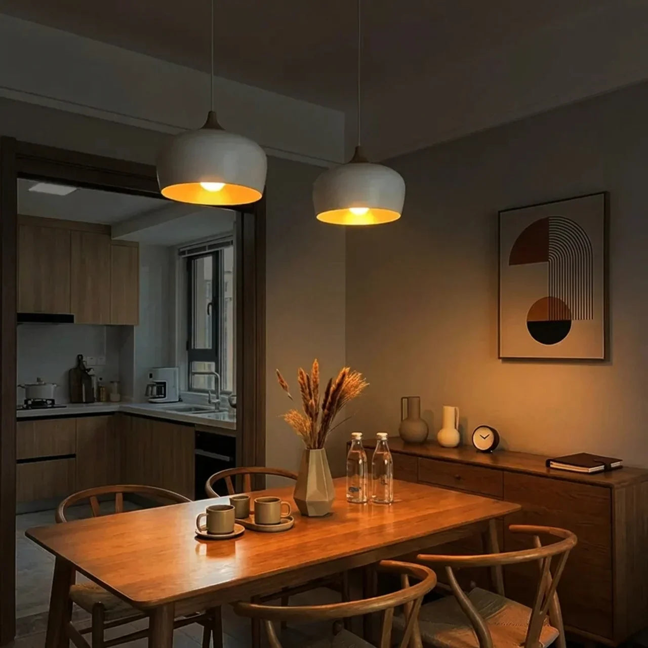 Geometric Ceiling Pendant — Formed Metal Shade, Wooden Accent Detail