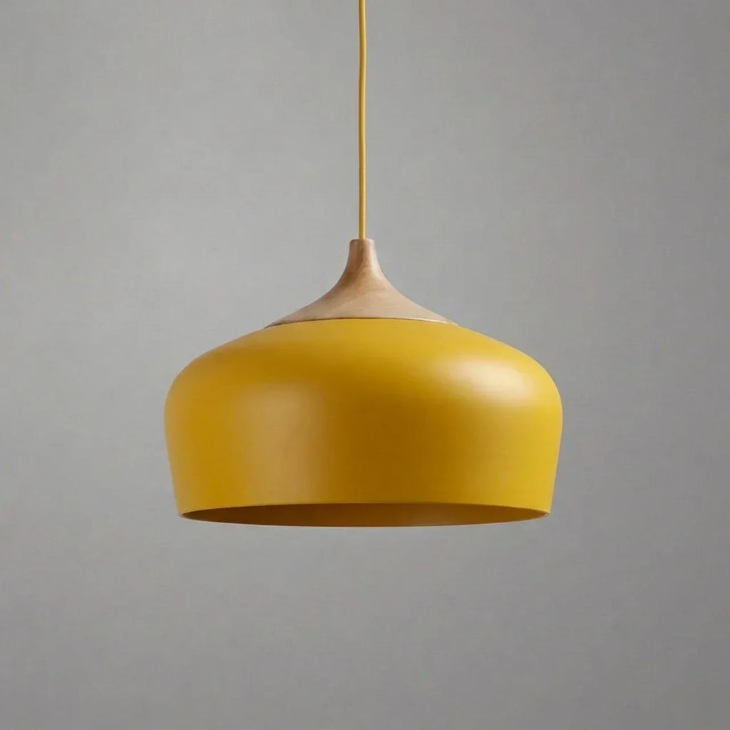 Geometric Ceiling Pendant — Formed Metal Shade, Wooden Accent Detail