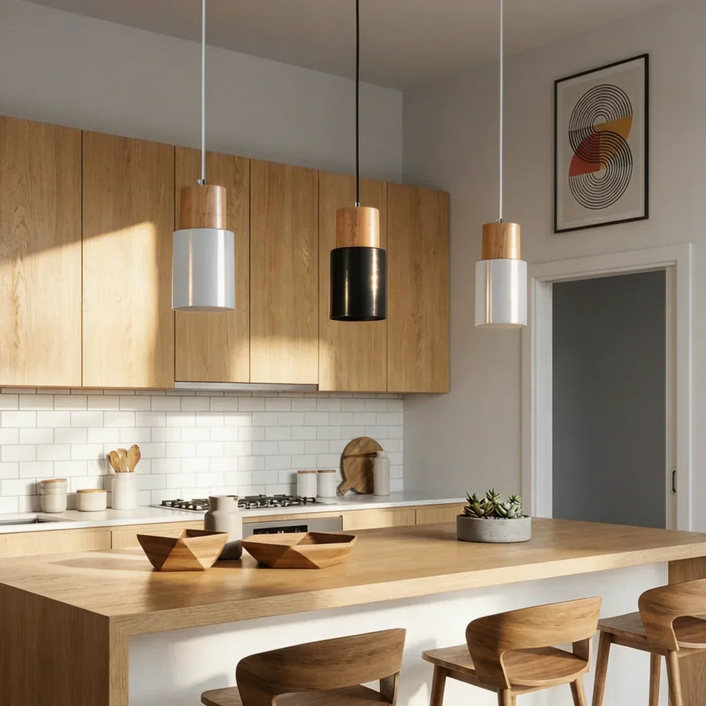 Aluminium Cylinder Pendant Lamp — Wood Detail Fixture, Adjustable Cord