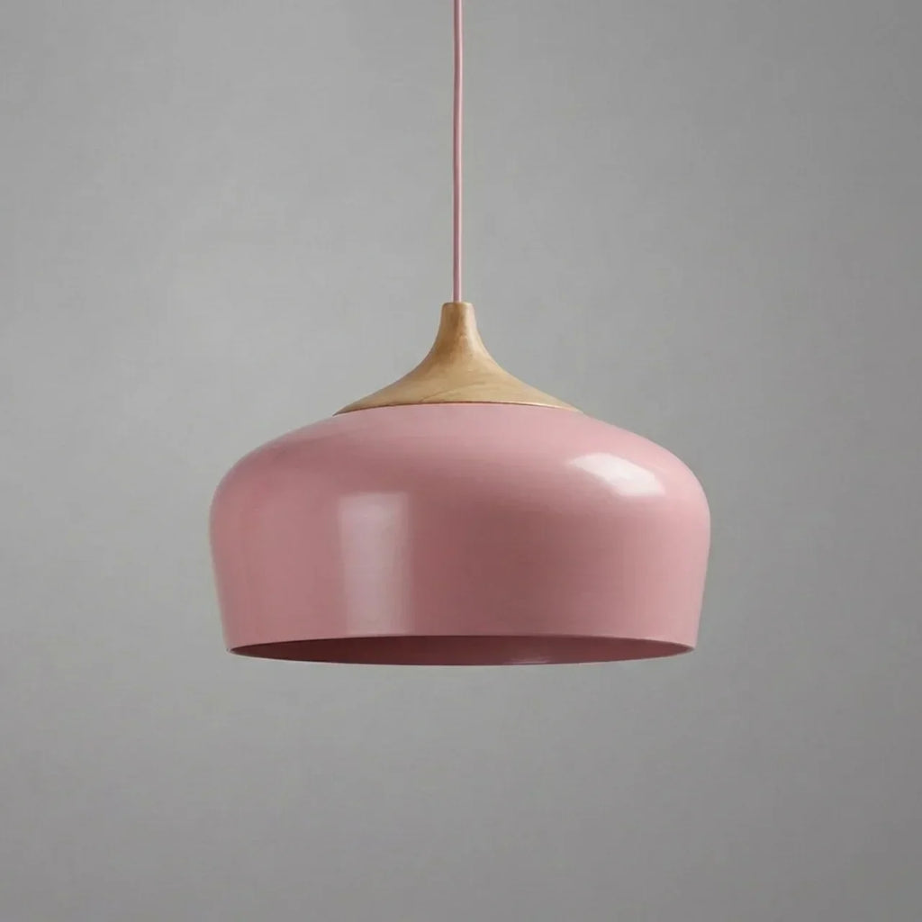 Geometric Ceiling Pendant — Formed Metal Shade, Wooden Accent Detail