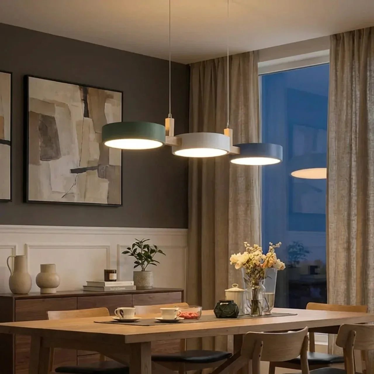 Linear Solid Wood Beam Pendant — Staggered Metal Drum Shade Cluster