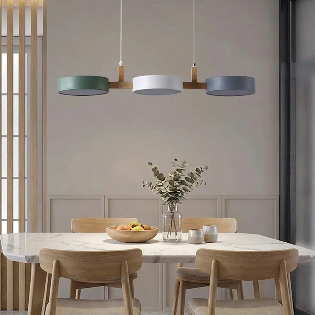 Linear Solid Wood Beam Pendant — Staggered Metal Drum Shade Cluster