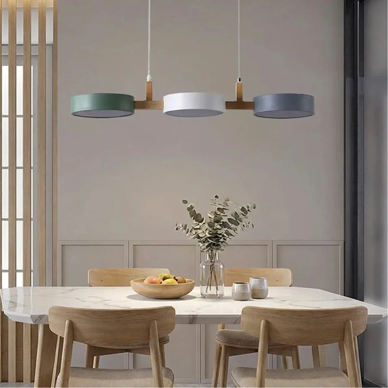Linear Solid Wood Beam Pendant — Staggered Metal Drum Shade Cluster