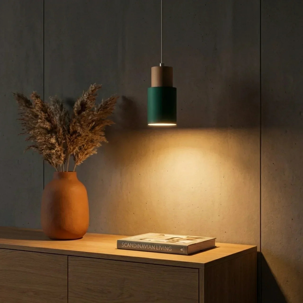 Aluminium Cylinder Pendant Lamp — Wood Detail Fixture, Adjustable Cord