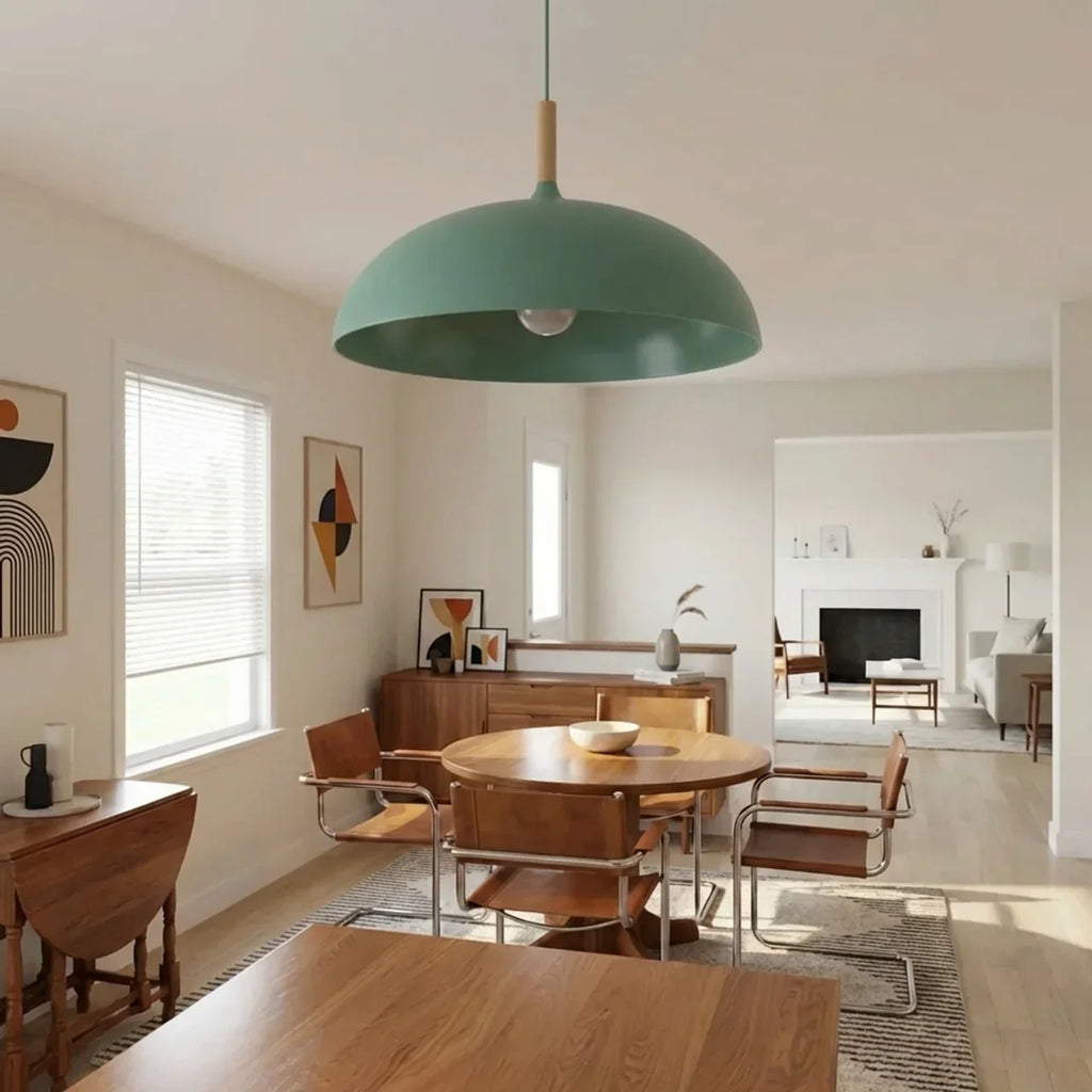 Geometric Ceiling Pendant — Formed Metal Shade, Wooden Accent Detail