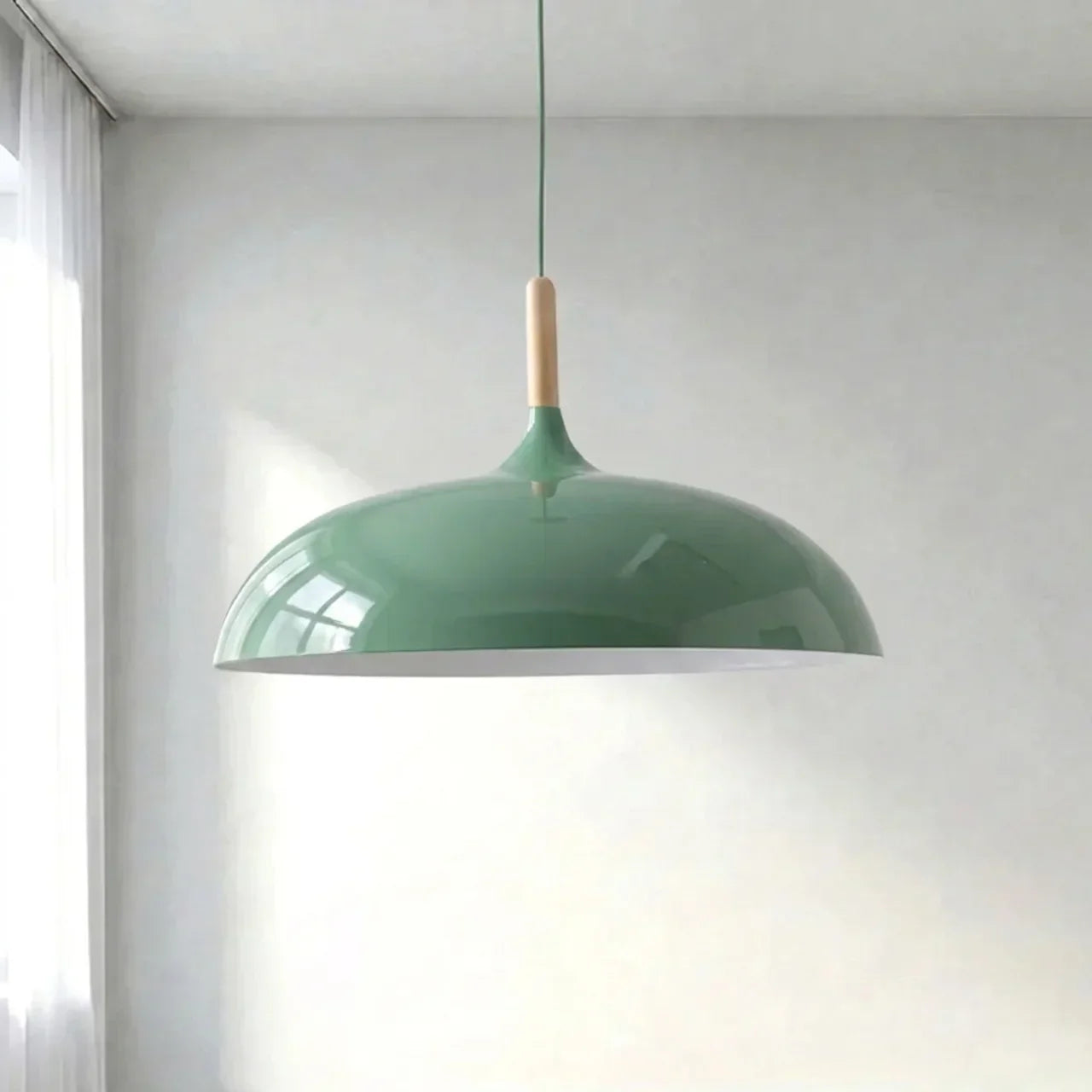 Geometric Ceiling Pendant — Formed Metal Shade, Wooden Accent Detail