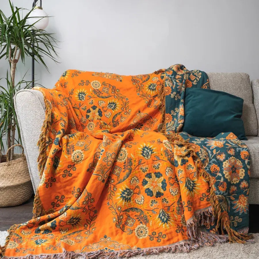 Pătură decorativă reversibilă din bumbac — florală, portocalie și turcoaz