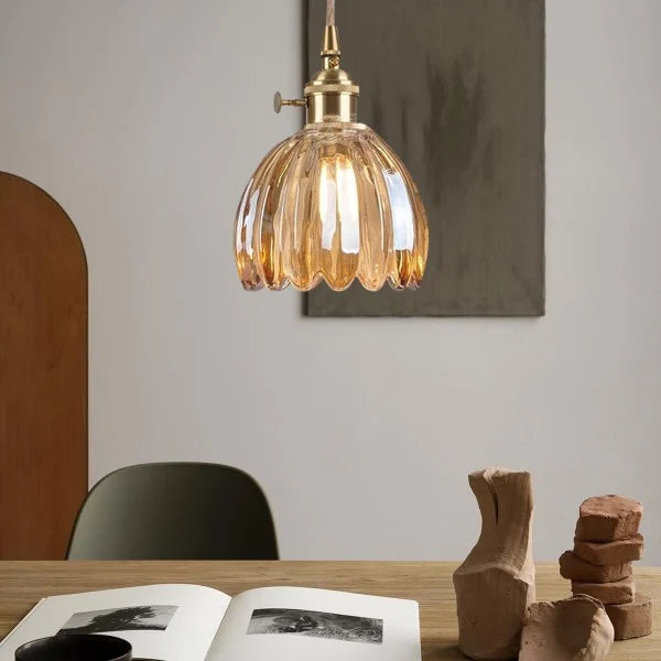 Lampă suspendată japoneză retro cu floare din sticlă, 12 cm, E27