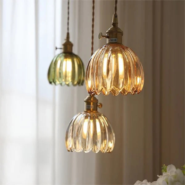 Lampă suspendată japoneză retro cu floare din sticlă, 12 cm, E27