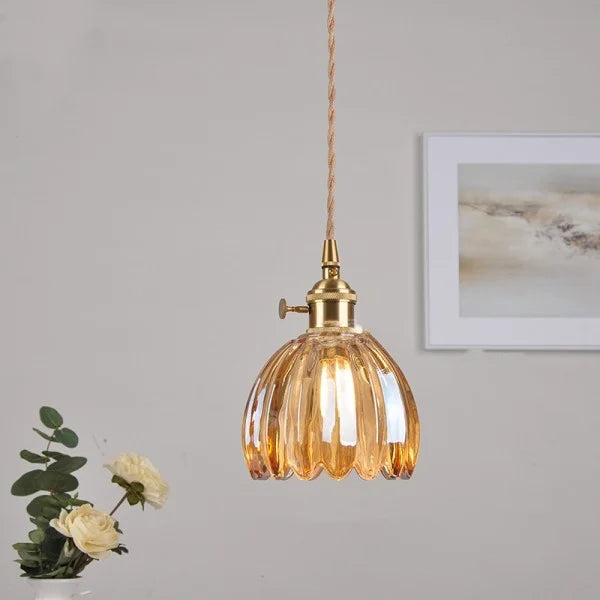 Lampă suspendată japoneză retro cu floare din sticlă, 12 cm, E27