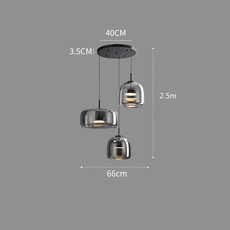 Lampă suspendată LED nordică — sticlă suflată, cognac sau gri fumuriu