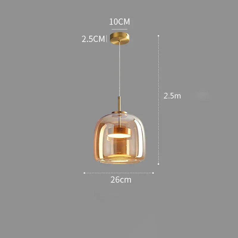 Lampă suspendată LED nordică — sticlă suflată, cognac sau gri fumuriu