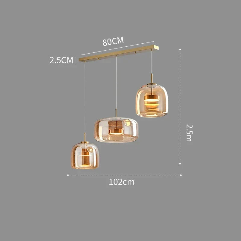 Lampă suspendată LED nordică — sticlă suflată, cognac sau gri fumuriu