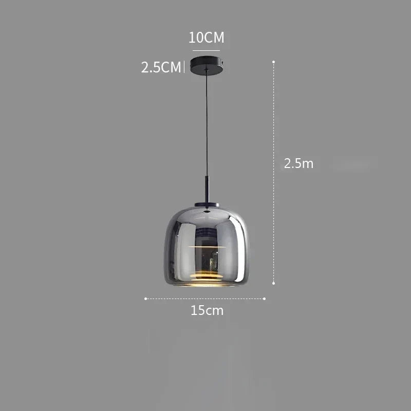 Lampă suspendată LED nordică — sticlă suflată, cognac sau gri fumuriu