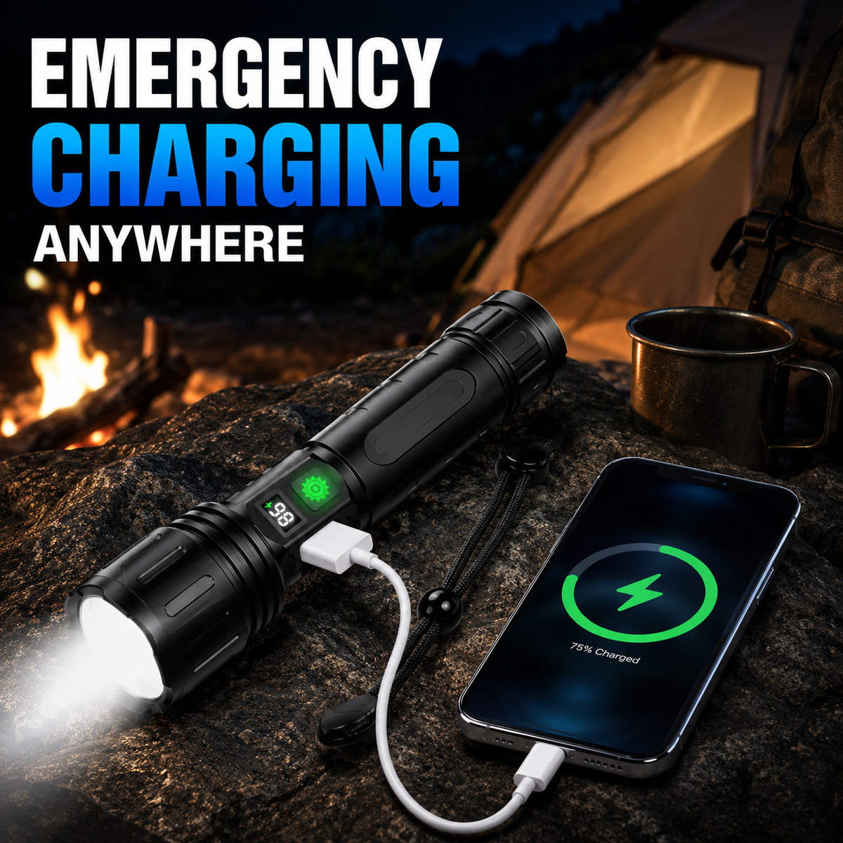 Tactische zaklamp — 100000 lumen, 5000mAh, waterdicht